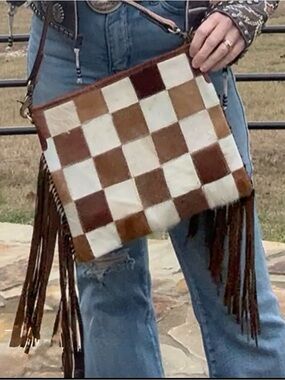 Checkerboard Fringe Crossbody Bag in Brown & White